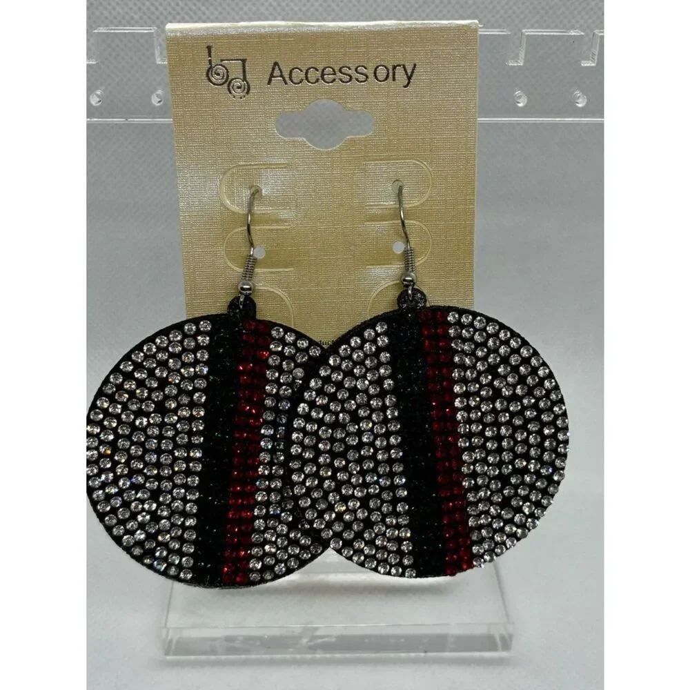 3For$20 Black Rhinestones Round Stripe Drop Earrings
